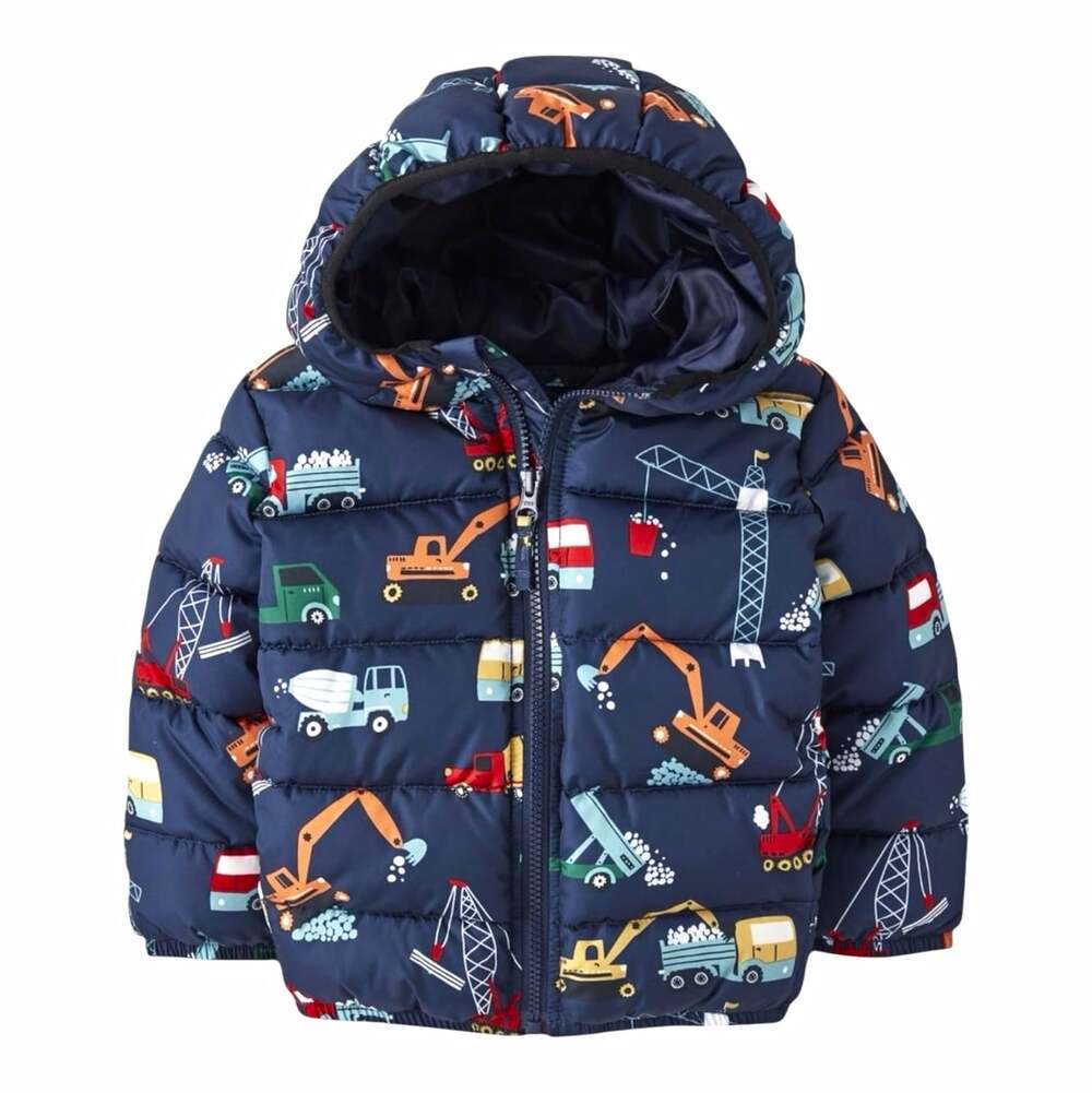 The Children's Place Boys Hooded Puffer Jacket 5T Navy Blue Vehicle Print